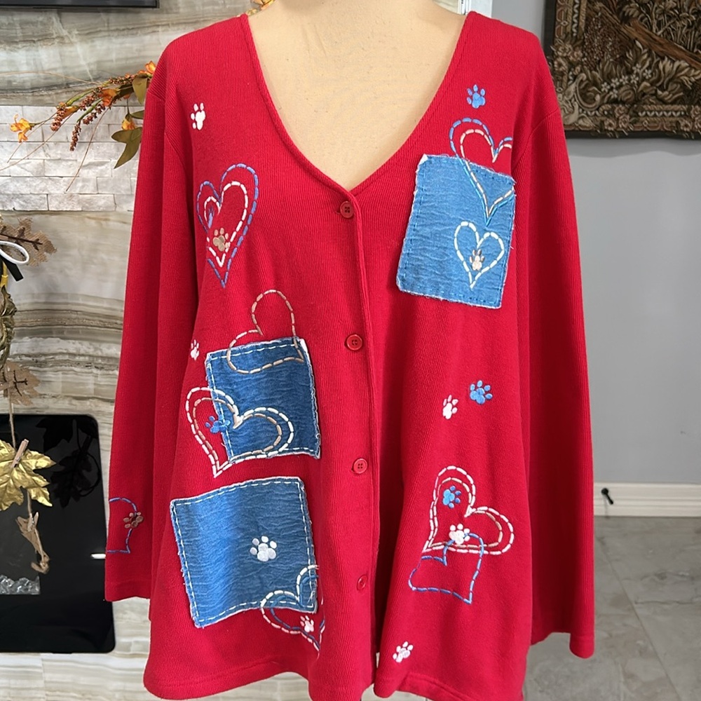 Blair Red Button‎ Up Sweater Patch Heart Design Sewn. Size XL (898)